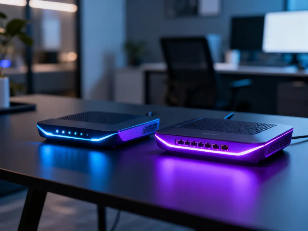 Dwa nowoczesne routery z podświetleniem LED, symbolizujące zaawansowaną technologię sieciową Wi-Fi 6E oraz 7.