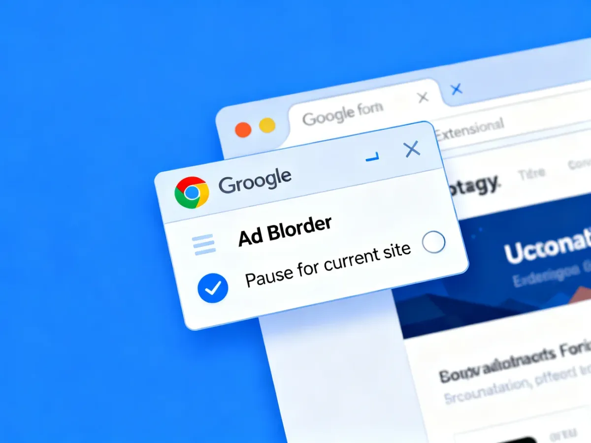 Menu rozszerzenia Chrome z opcją wstrzymania blokera reklam na bieżącej stronie