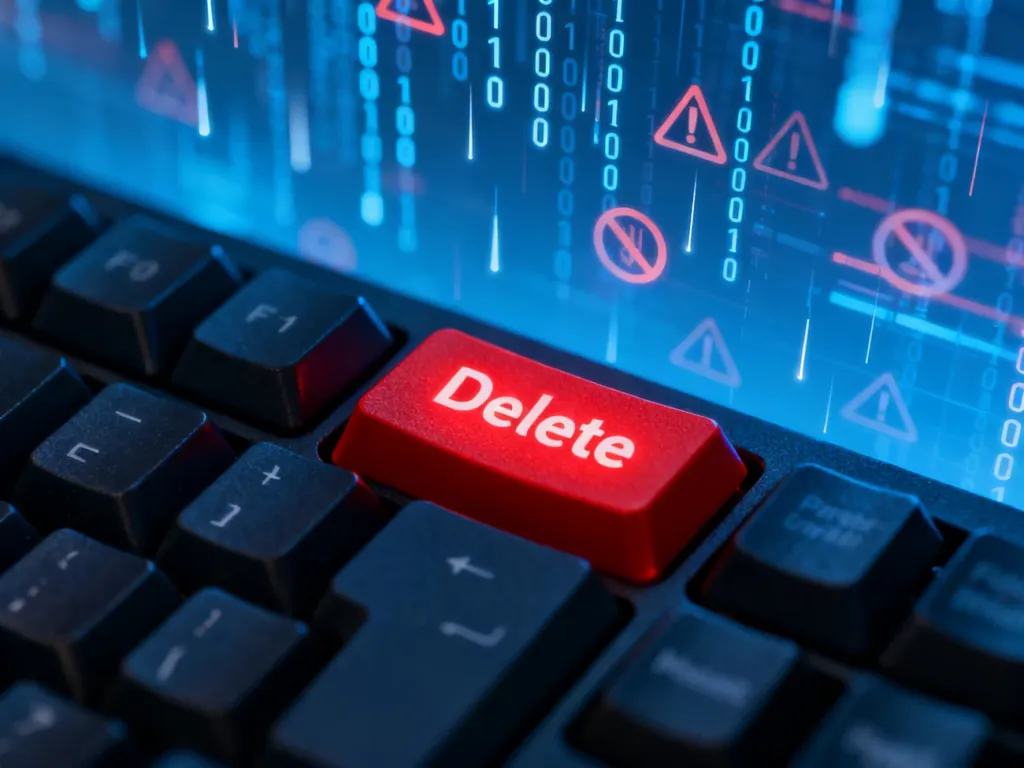Zbliżenie na klawiaturę komputera z podświetlonym klawiszem „Delete” na tle cyfrowego kodu, symbolizujące usuwanie spamu.
