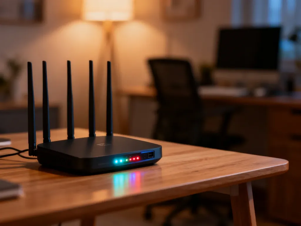 Nowoczesny router bezprzewodowy z aktywnymi diodami LED na drewnianym biurku w domowym biurze.
