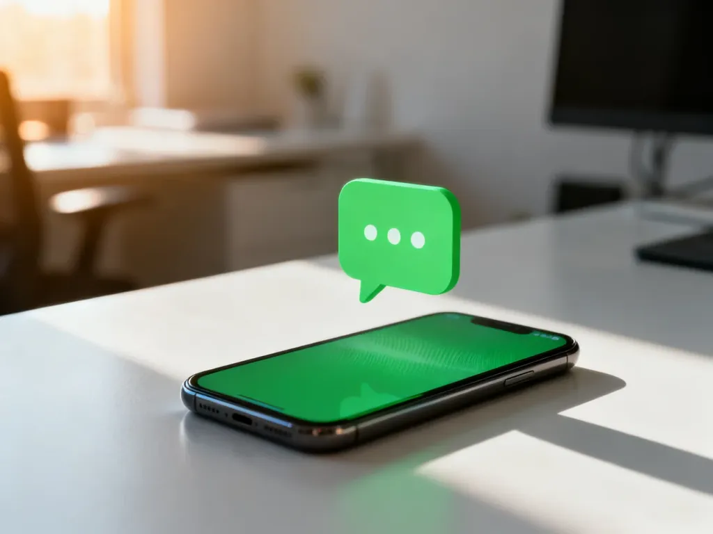 Smartfon z ikoną wiadomości na ekranie, symbolizujący komunikację w aplikacji WhatsApp w domowym biurze.