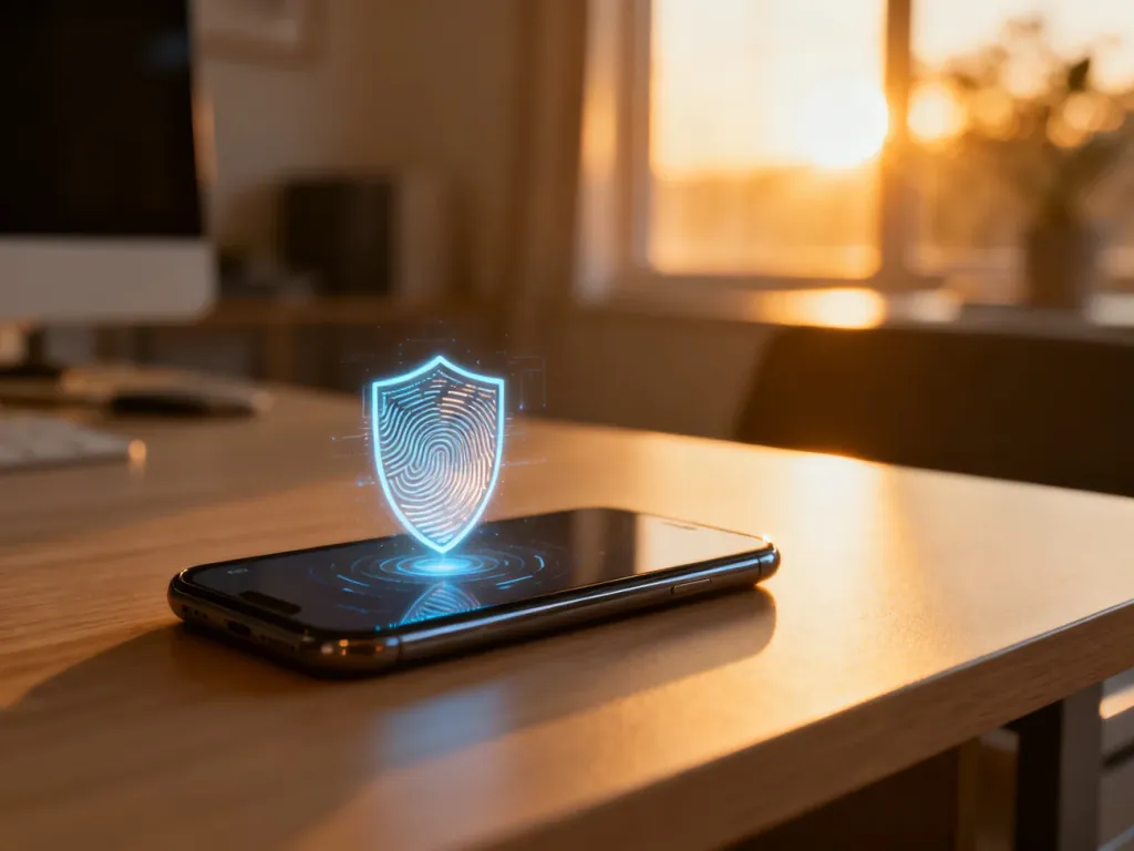 Smartfon z ikoną tarczy na ekranie, symbolizującą bezpieczne uwierzytelnianie biometryczne w usłudze Samsung Pass.