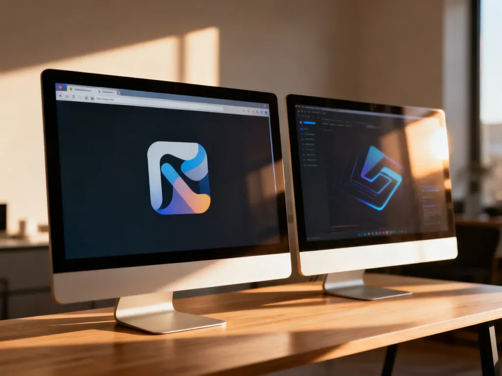 Dwa nowoczesne monitory na biurku, symbolizujące porównanie różnych przeglądarek internetowych w domowym biurze.