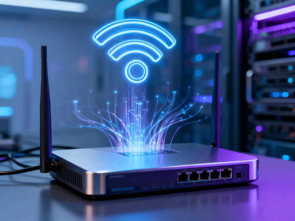 Nowoczesny router z wizualizacją przesyłu danych, symbolizujący szybką i wydajną łączność bezprzewodową Wi-Fi 6.