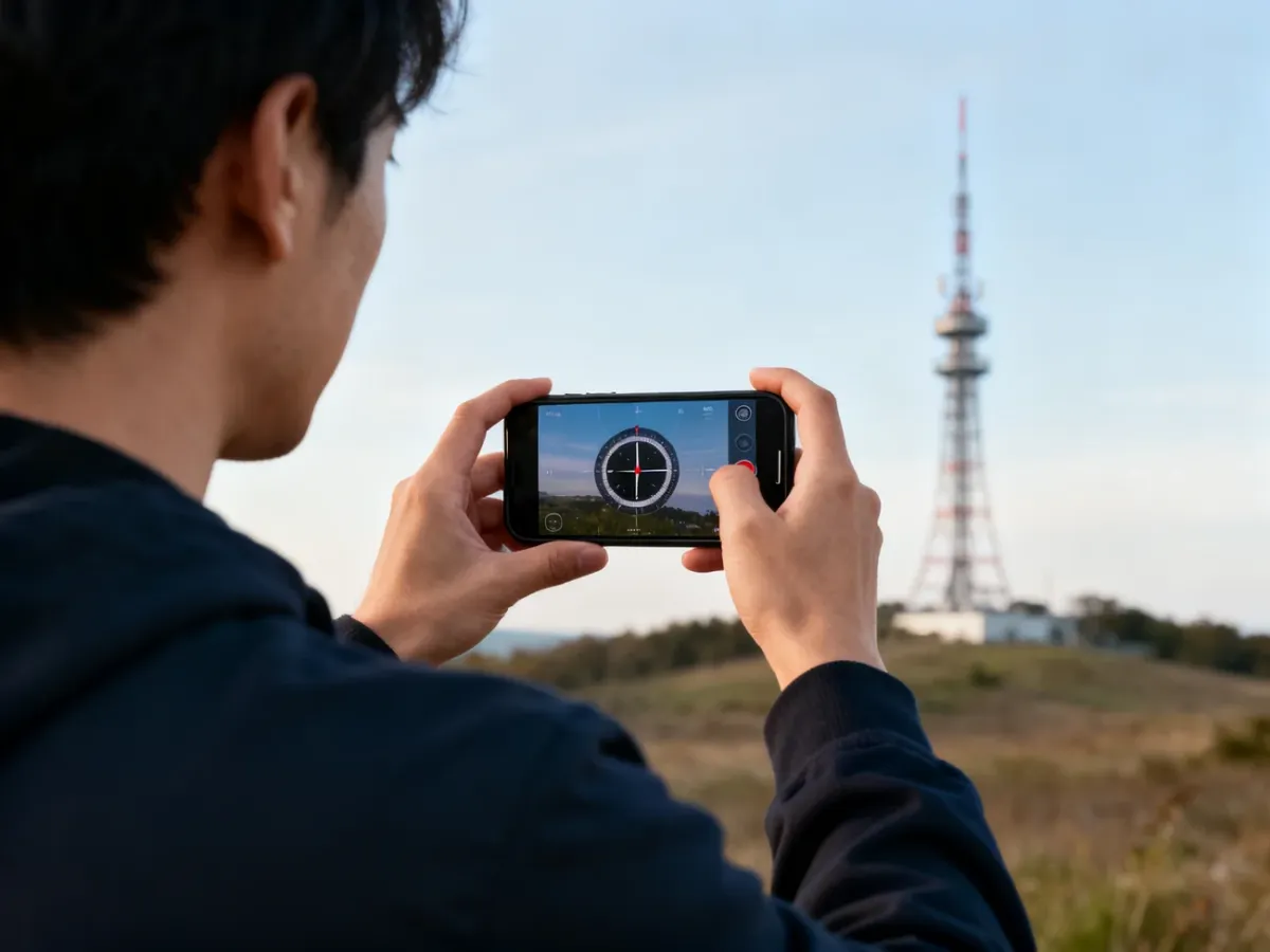 Osoba stabilnie kierująca smartfon w stronę odległego nadajnika telewizyjnego