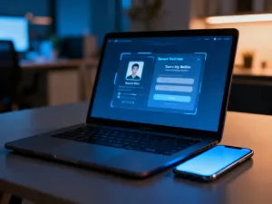 Nowoczesny smartfon z przejrzystym interfejsem One UI na ekranie, spoczywający na biurku w słonecznym domowym biurze.
