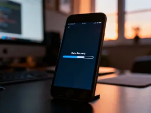 Dłoń trzymająca nowoczesny smartfon z kolorowym interfejsem aplikacji na ekranie w biurowym otoczeniu.