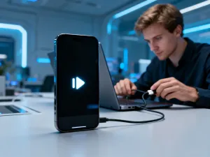 Interfejs aplikacji SmartThings na smartfonie w przytulnym, inteligentnym domu z oświetleniem sterowanym zdalnie.