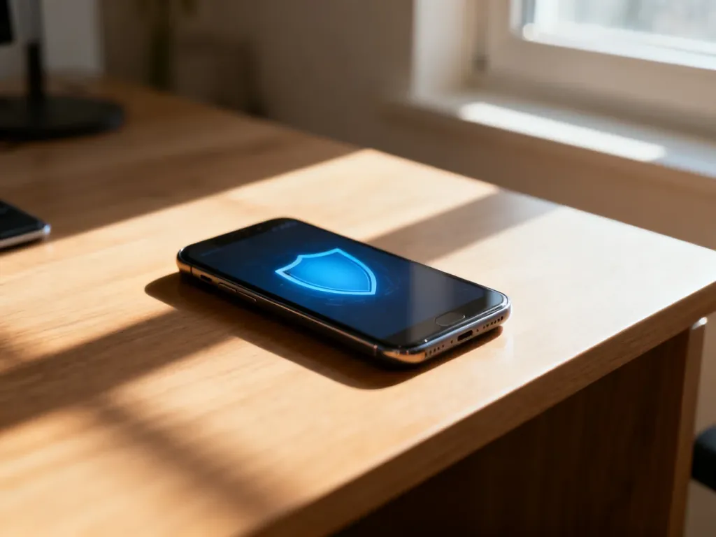 Nowoczesny smartfon z ikoną tarczy na ekranie, symbolizującą cyfrowe bezpieczeństwo i ochronę przed wirusami.