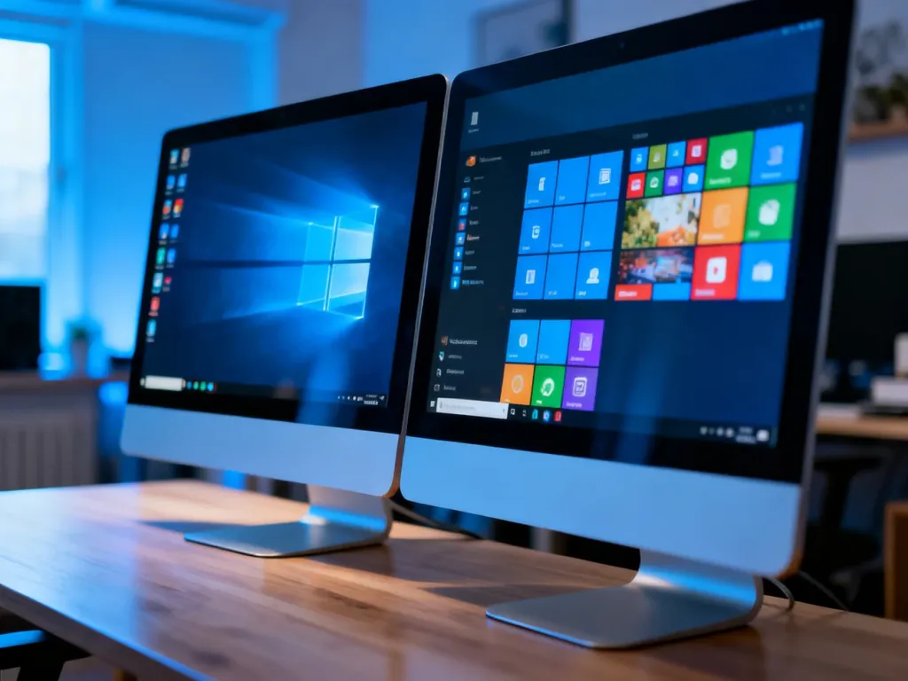 Dwa monitory obok siebie: jeden z klasycznym pulpitem Windows 7, drugi z kafelkowym interfejsem Windows 8.1.