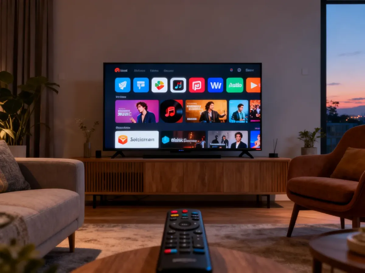 Ekran główny telewizora z aplikacjami multimedialnymi i pilotem na pierwszym planie