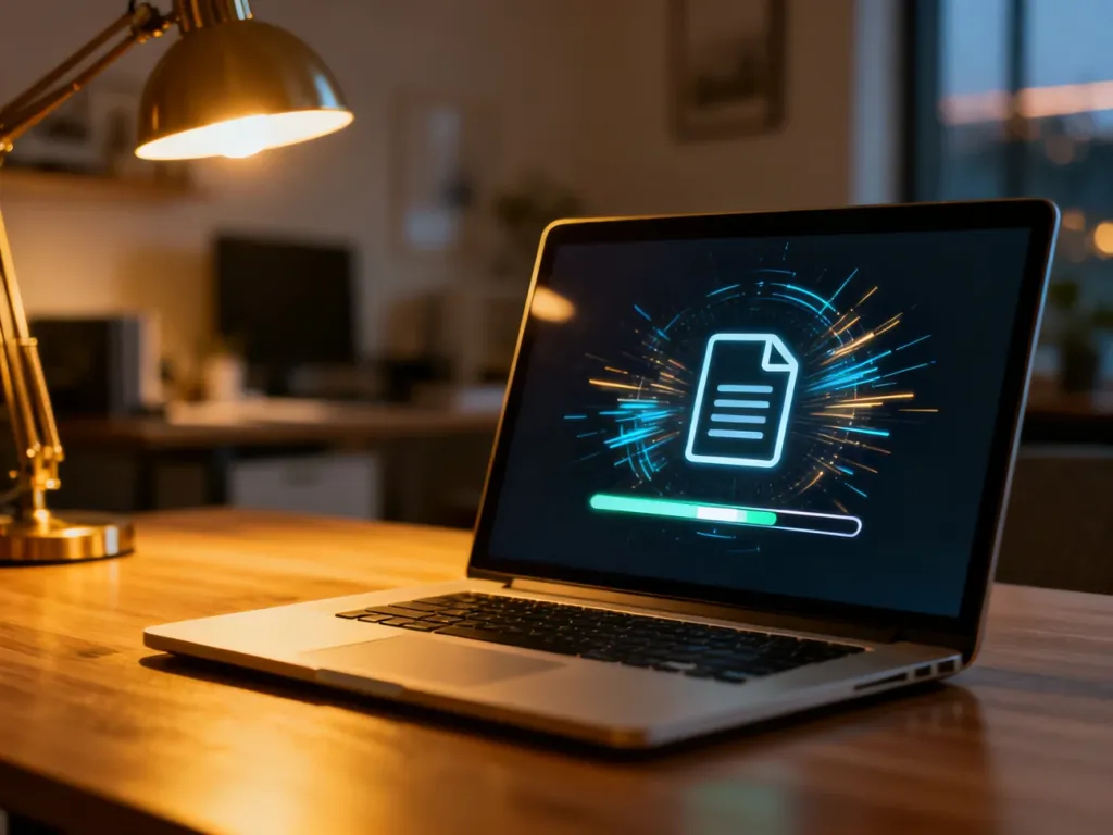 Nowoczesny laptop na biurku z widoczną na ekranie ikoną pobierania pliku, symbolizującą proces ściągania danych.