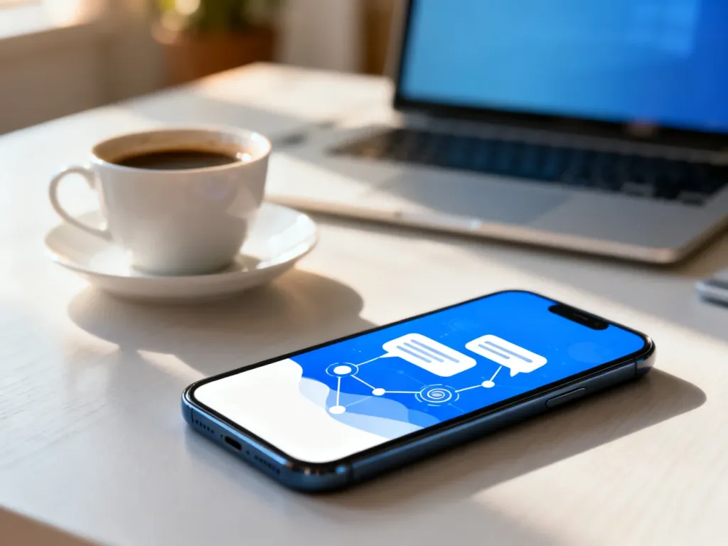Ekran smartfona z ikonami czatu na tle domowego biura, ilustrujący działanie komunikatora internetowego.