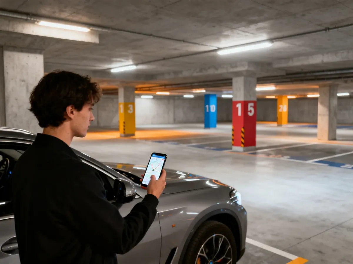 Kierowca zapisujący lokalizację samochodu w aplikacji mapowej na podziemnym parkingu