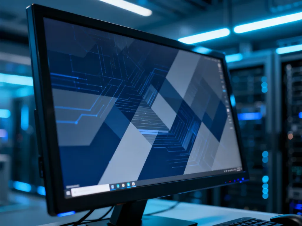 Nowoczesny monitor z profesjonalnym interfejsem systemu Windows na tle serwerowni.