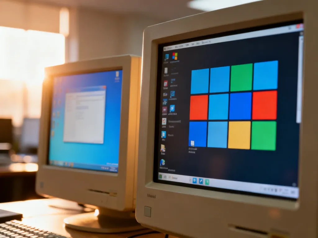 Porównanie dwóch monitorów z interfejsami systemów Windows 7 oraz Windows 8 w biurowym otoczeniu.
