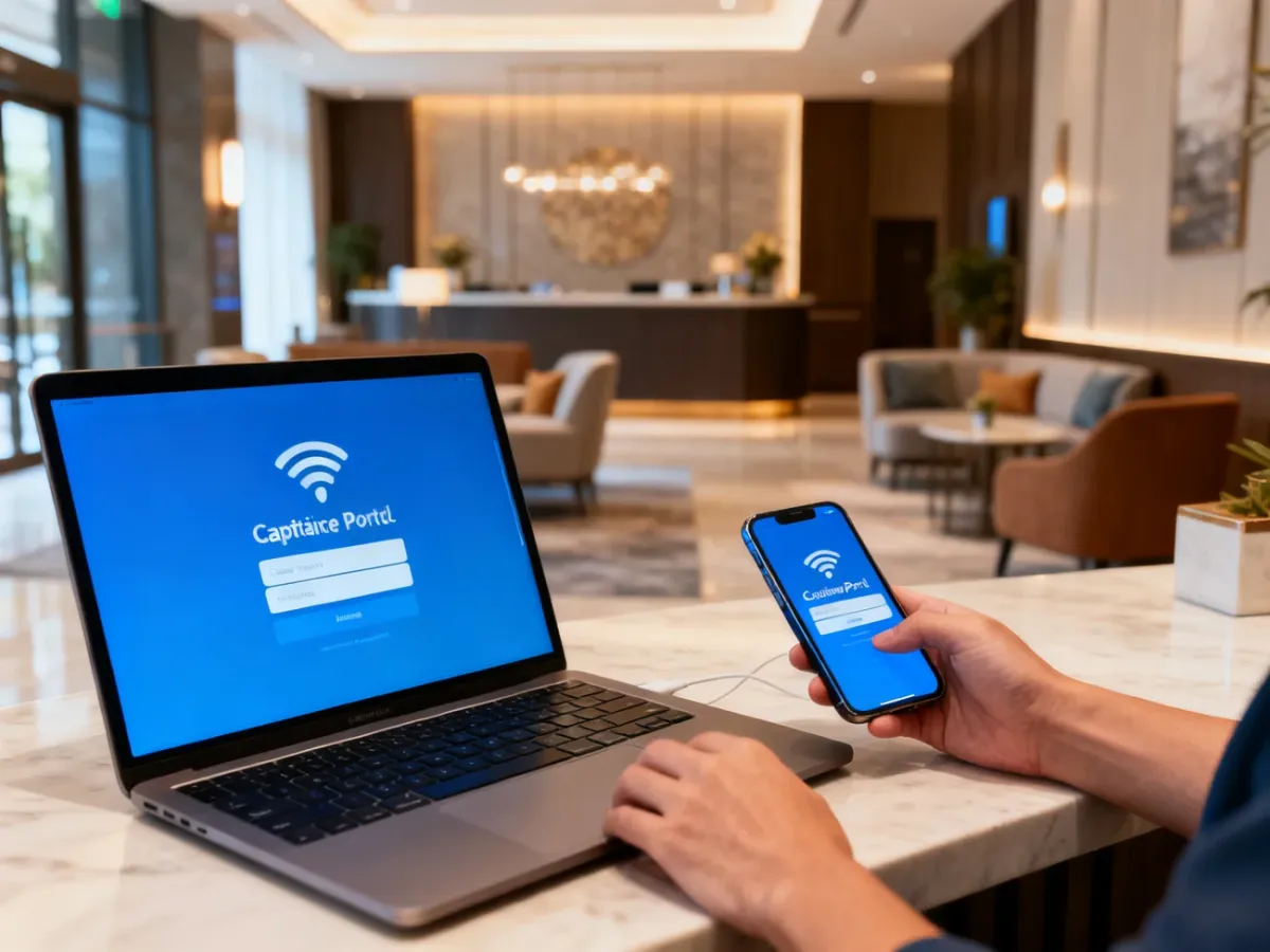 Telefon i laptop łączące się z publiczną siecią Wi-Fi w hotelowym holu