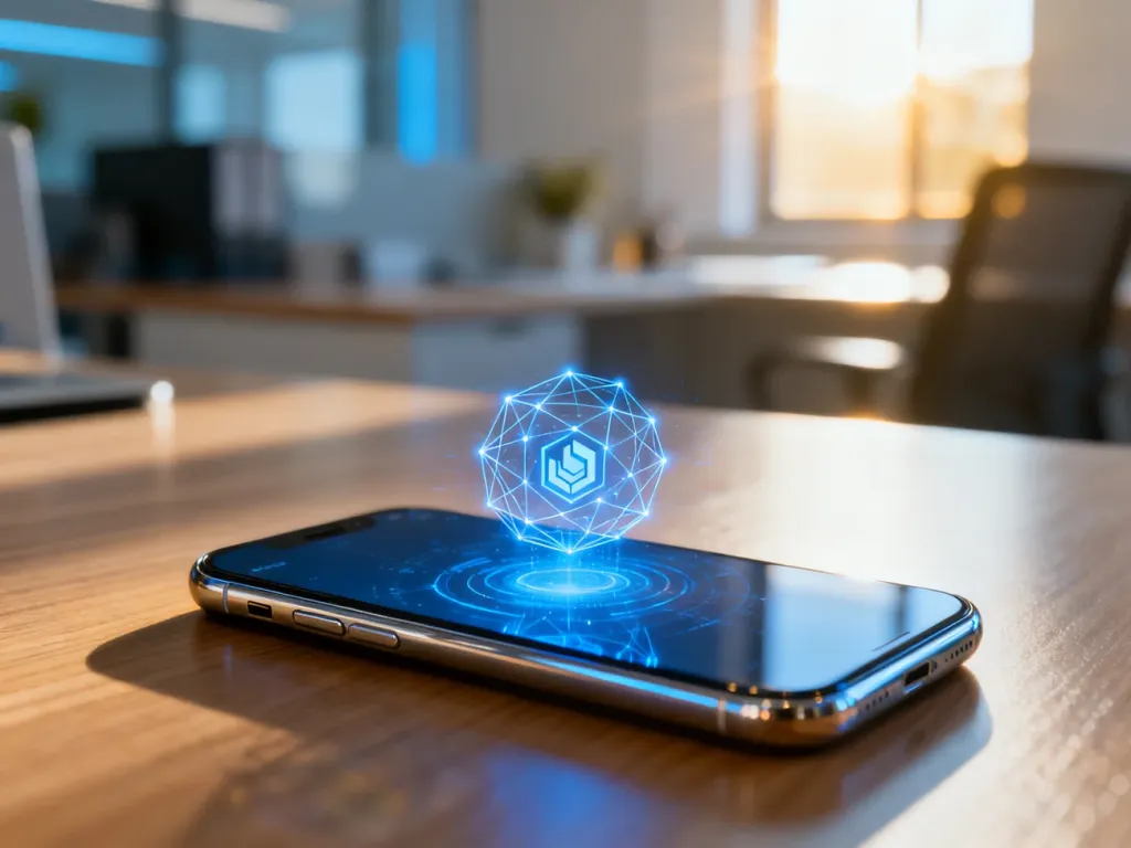 Nowoczesny smartfon z cyfrową ikoną sieci na ekranie, symbolizujący dostęp do usług cyfrowych i konta COM.