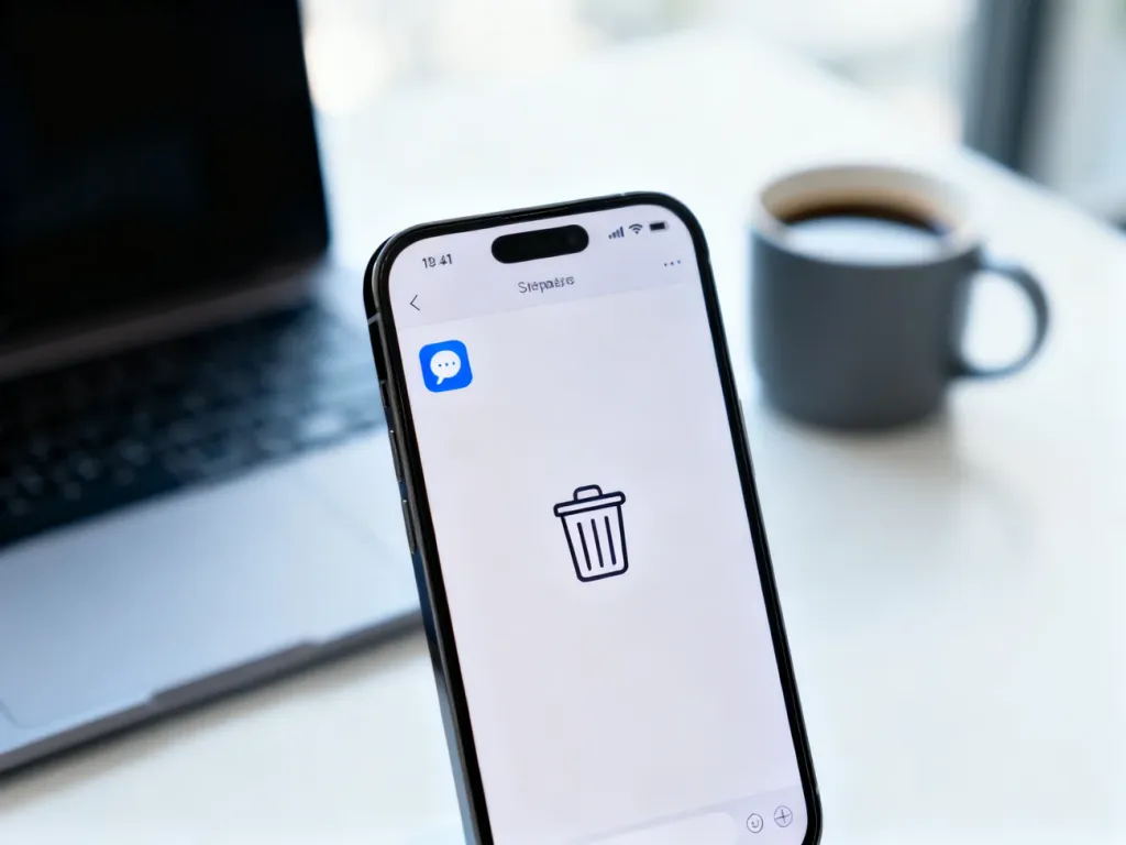 Ekran smartfona z ikoną czatu i symbolem kosza, symbolizujący usuwanie wiadomości w aplikacji WhatsApp.