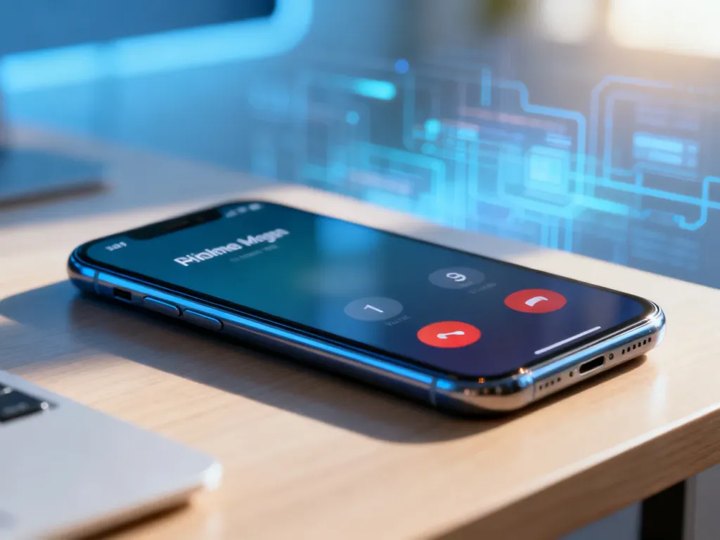 Nowoczesny iPhone leżący na drewnianym biurku z widocznym interfejsem połączenia przychodzącego.