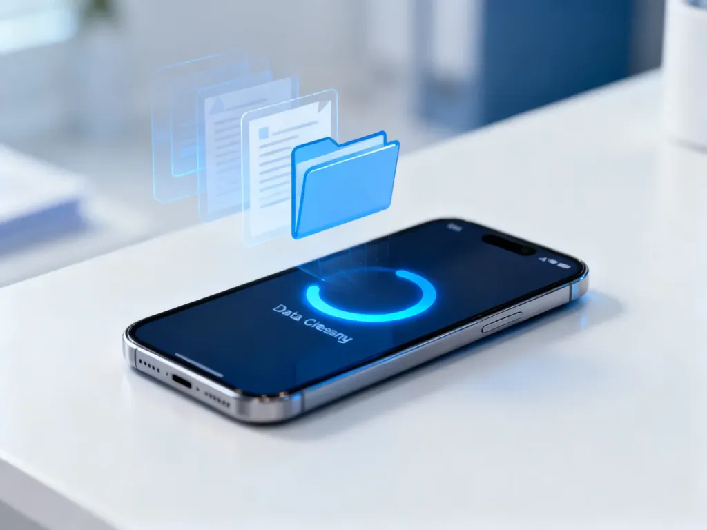 Nowoczesny smartfon z ikoną czyszczenia danych, symbolizujący proces zwalniania pamięci i porządkowania plików w telefonie.