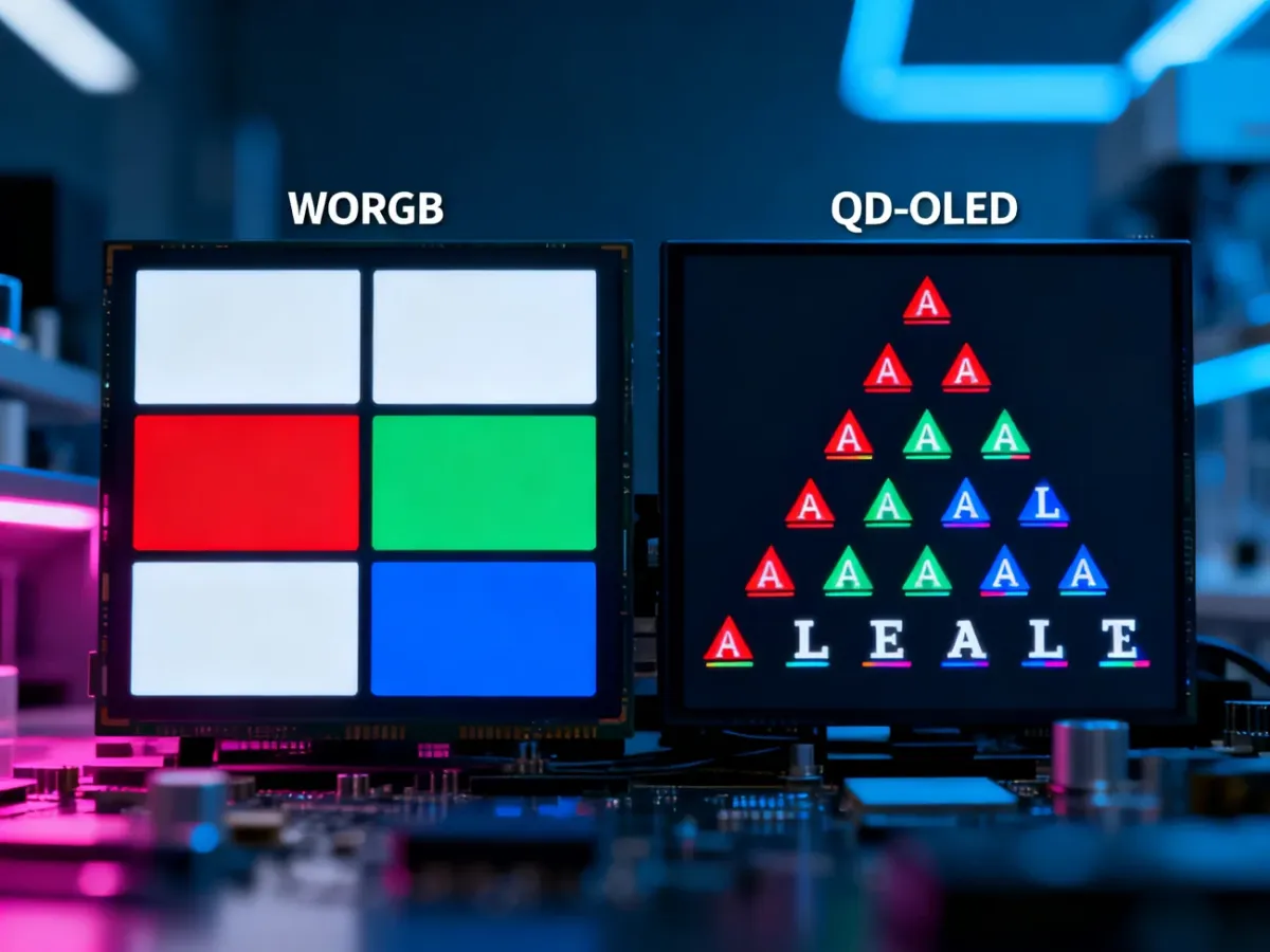 Porównanie układu subpikseli WOLED i QD-OLED z widocznymi obwódkami kolorów przy drobnym tekście