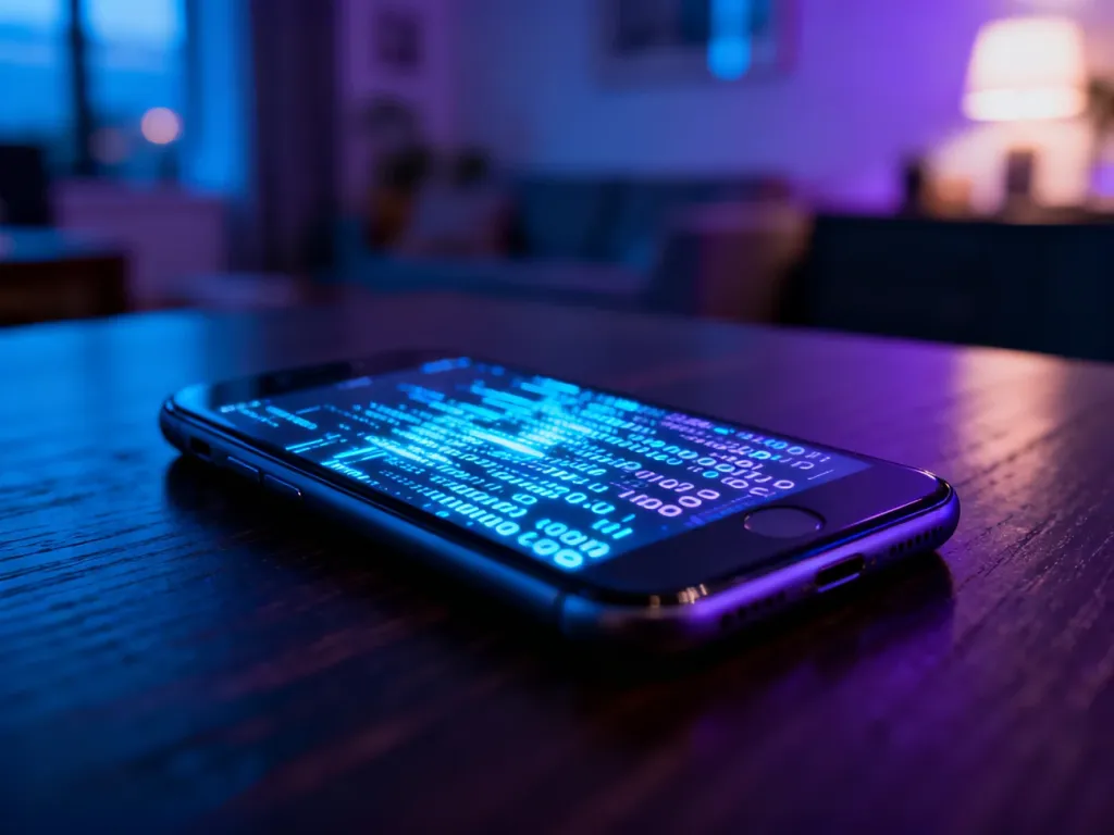 Nowoczesny smartfon z cyfrowymi zakłóceniami na ekranie, symbolizujący zagrożenie cybernetyczne i szpiegowanie urządzenia.
