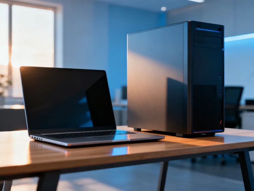 Nowoczesne stanowisko pracy z laptopem i komputerem stacjonarnym na drewnianym biurku, porównujące sprzęt PC i Mac.