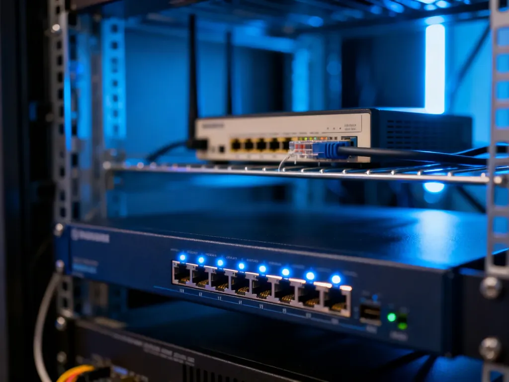 Nowoczesny przełącznik sieciowy z diodami LED w serwerowni, w tle rozmyty router i starszy hub sieciowy.