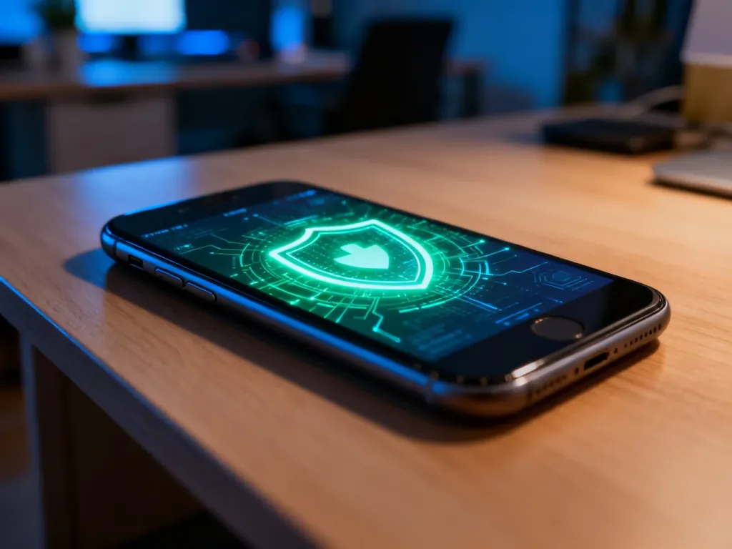Nowoczesny smartfon z ikoną tarczy zabezpieczającej na ekranie, symbolizujący ochronę oprogramowania i bezpieczeństwo.