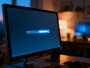 Laptop na biurku z ikoną koperty na ekranie, symbolizującą proces zakładania konta e-mail w domowym biurze.
