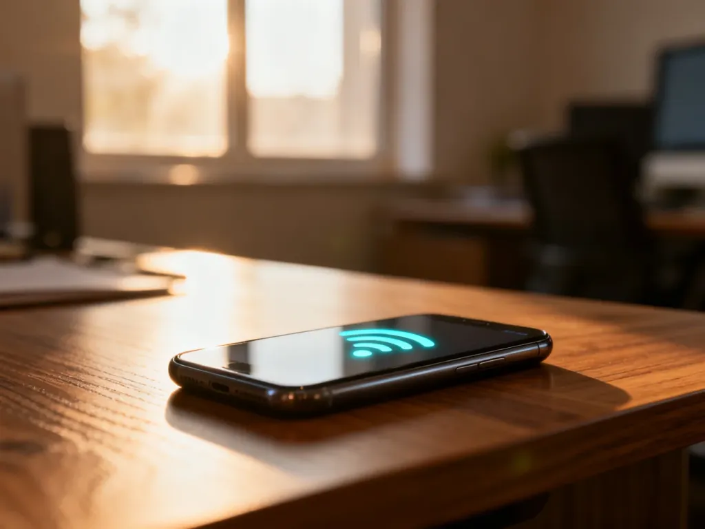 Nowoczesny smartfon na drewnianym biurku z widoczną ikoną połączenia bezprzewodowego na ekranie.