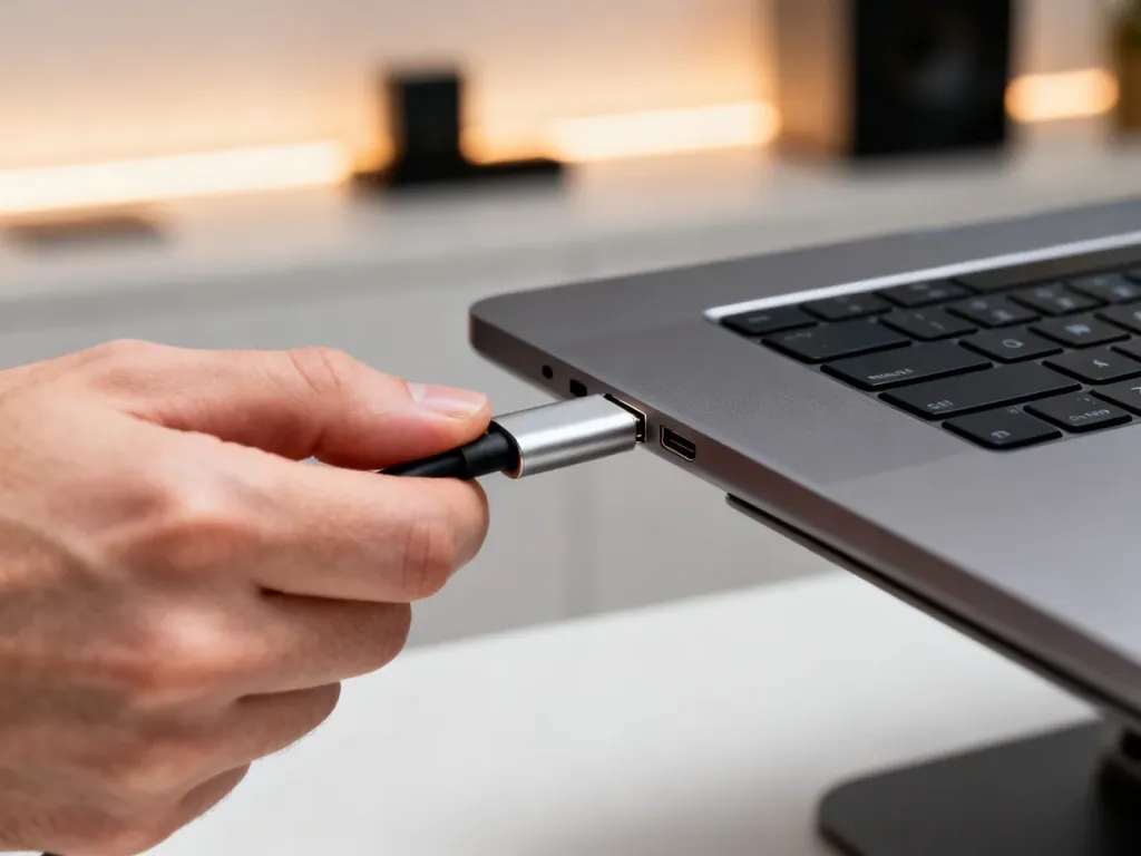 Dłoń wkładająca kabel USB-C do portu w nowoczesnym laptopie w minimalistycznym biurze.