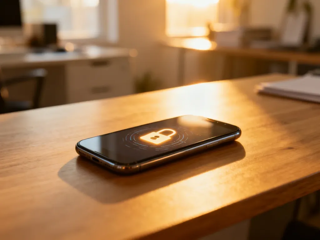 Nowoczesny smartfon z ikoną zabezpieczeń na ekranie, leżący na drewnianym biurku w jasnym biurze.