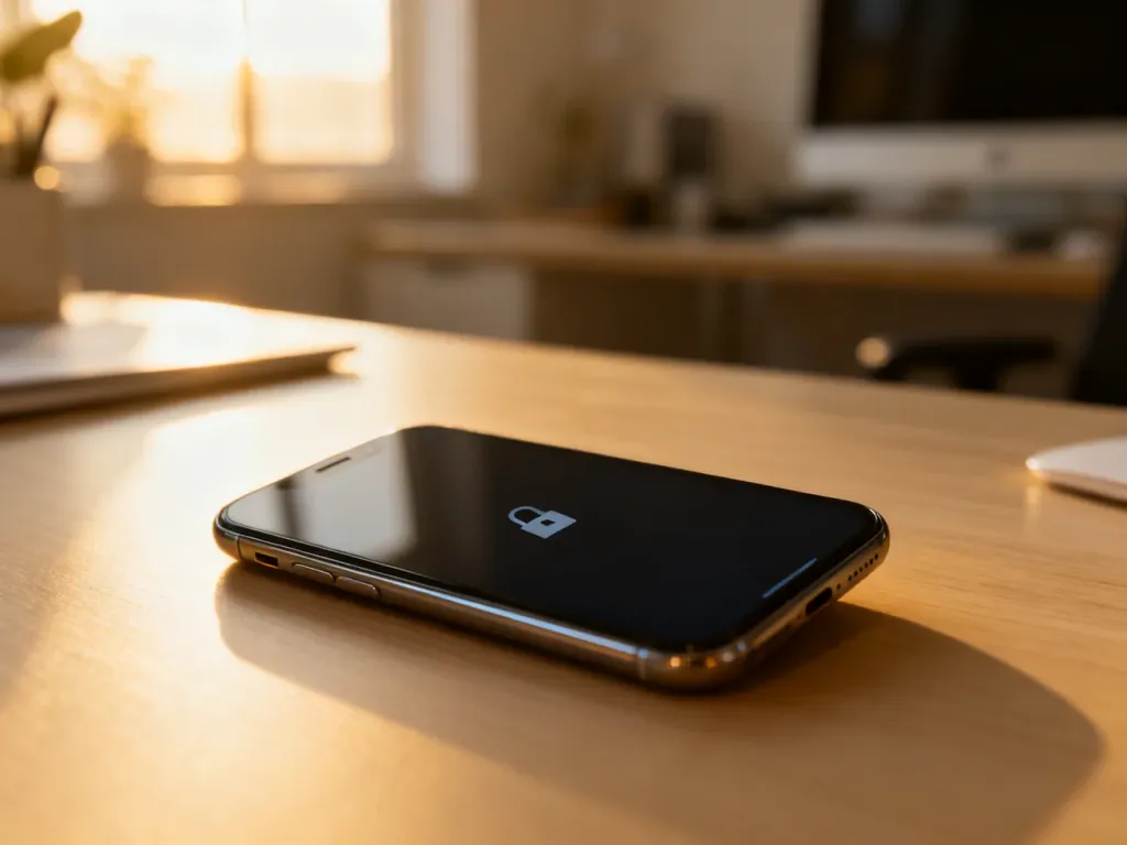Zablokowany smartfon leżący na drewnianym biurku, symbolizujący problem z zapomnianym hasłem do telefonu.