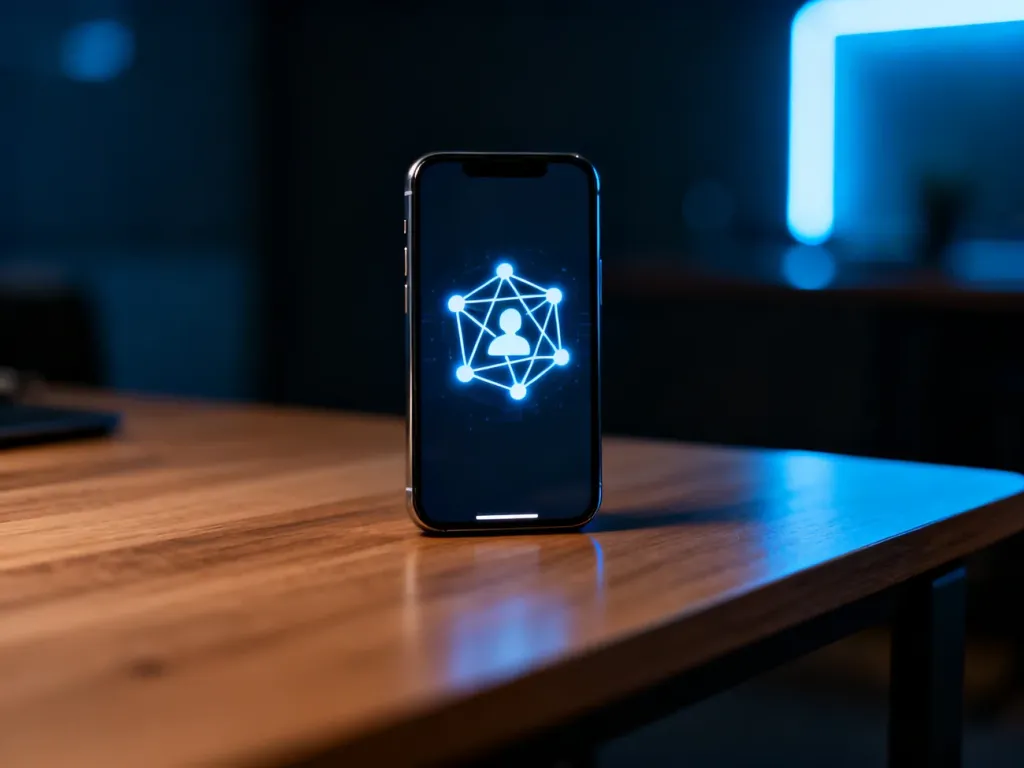 Nowoczesny smartfon z ikoną sieci społecznościowej na drewnianym biurku, symbolizujący kwestie prywatności w internecie.