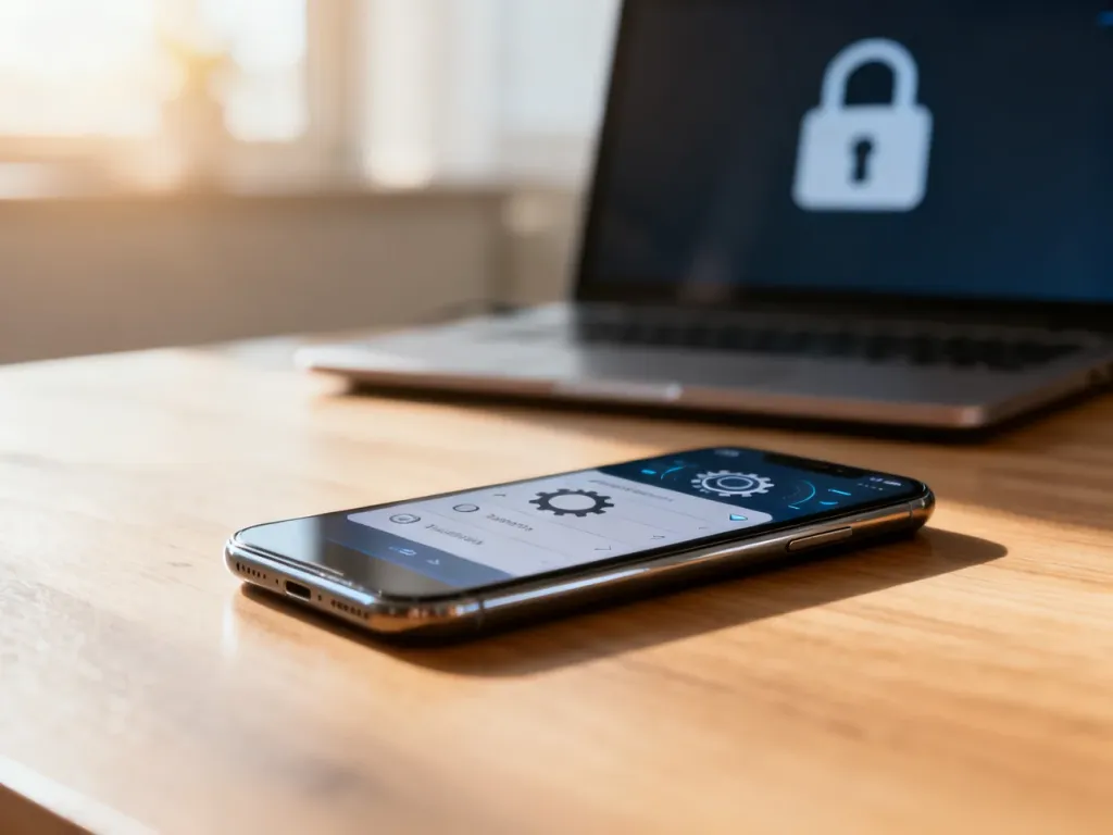 Smartfon z otwartym menu ustawień na drewnianym biurku, symbolizujący proces zarządzania kontem online.