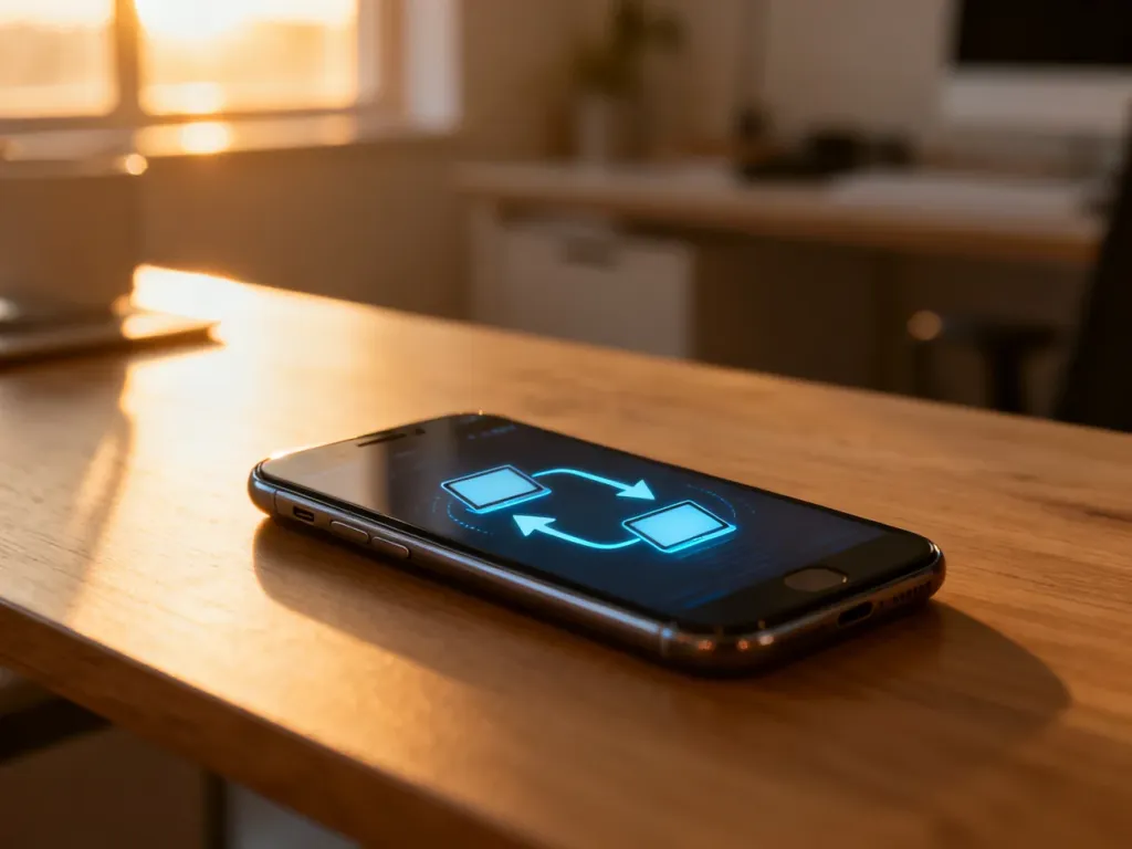 Smartfon na drewnianym biurku z animacją przesyłania danych, symbolizującą proces przenoszenia plików między urządzeniami.