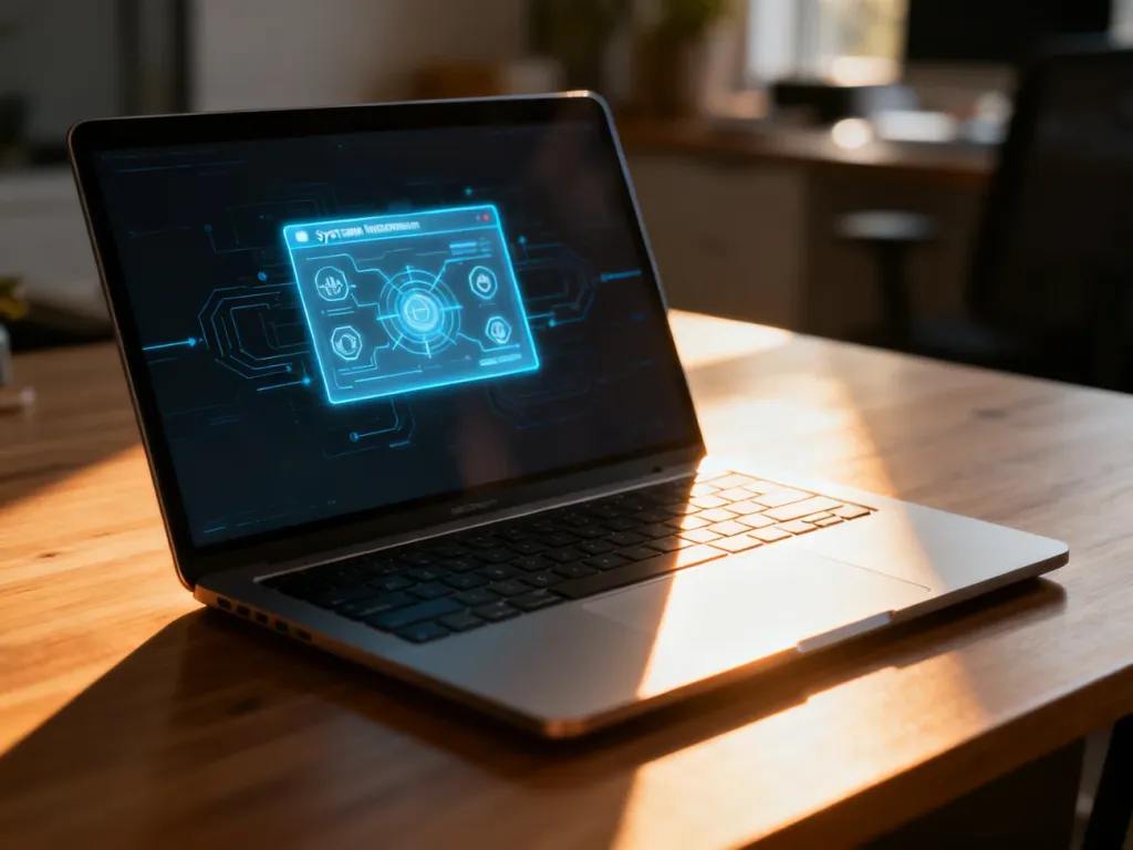 Otwarty laptop na drewnianym biurku z widocznym oknem informacji o systemie w przytulnym domowym biurze.