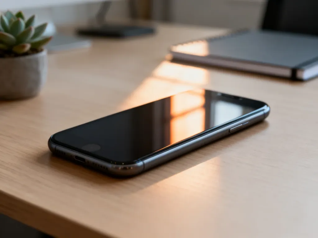 Nowoczesny smartfon leżący na drewnianym biurku z wygaszonym ekranem, gotowy do uruchomienia.