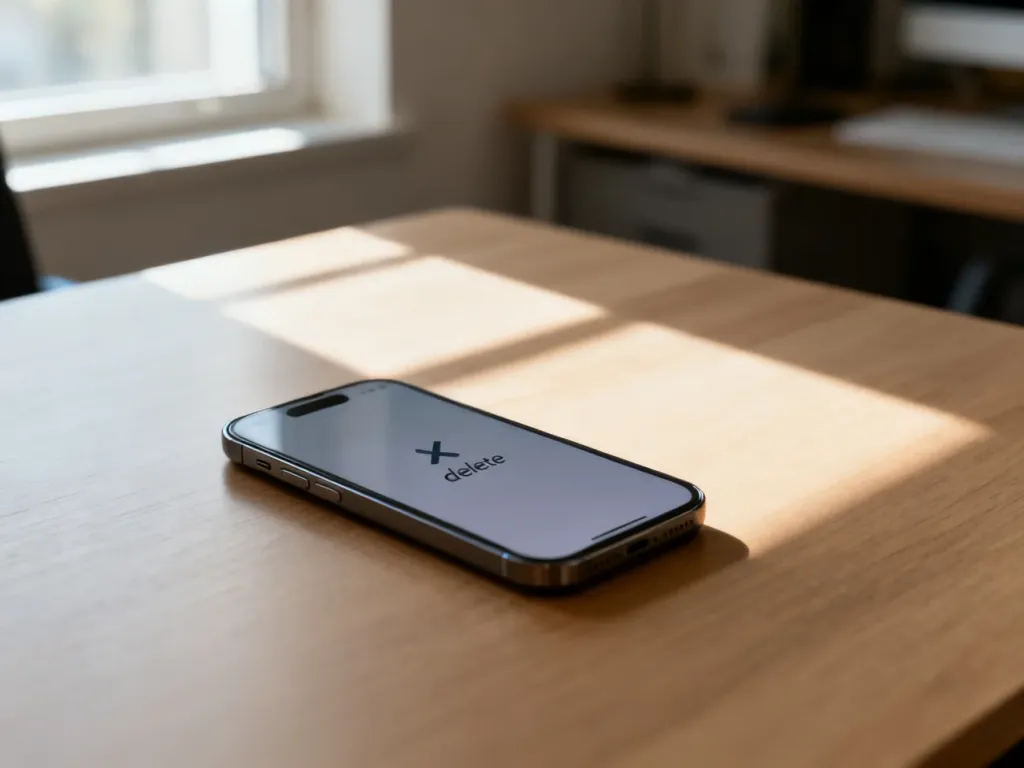 Smartfon leżący na biurku z widocznym symbolem usuwania na ekranie, ilustrujący proces kasowania konta w aplikacji.