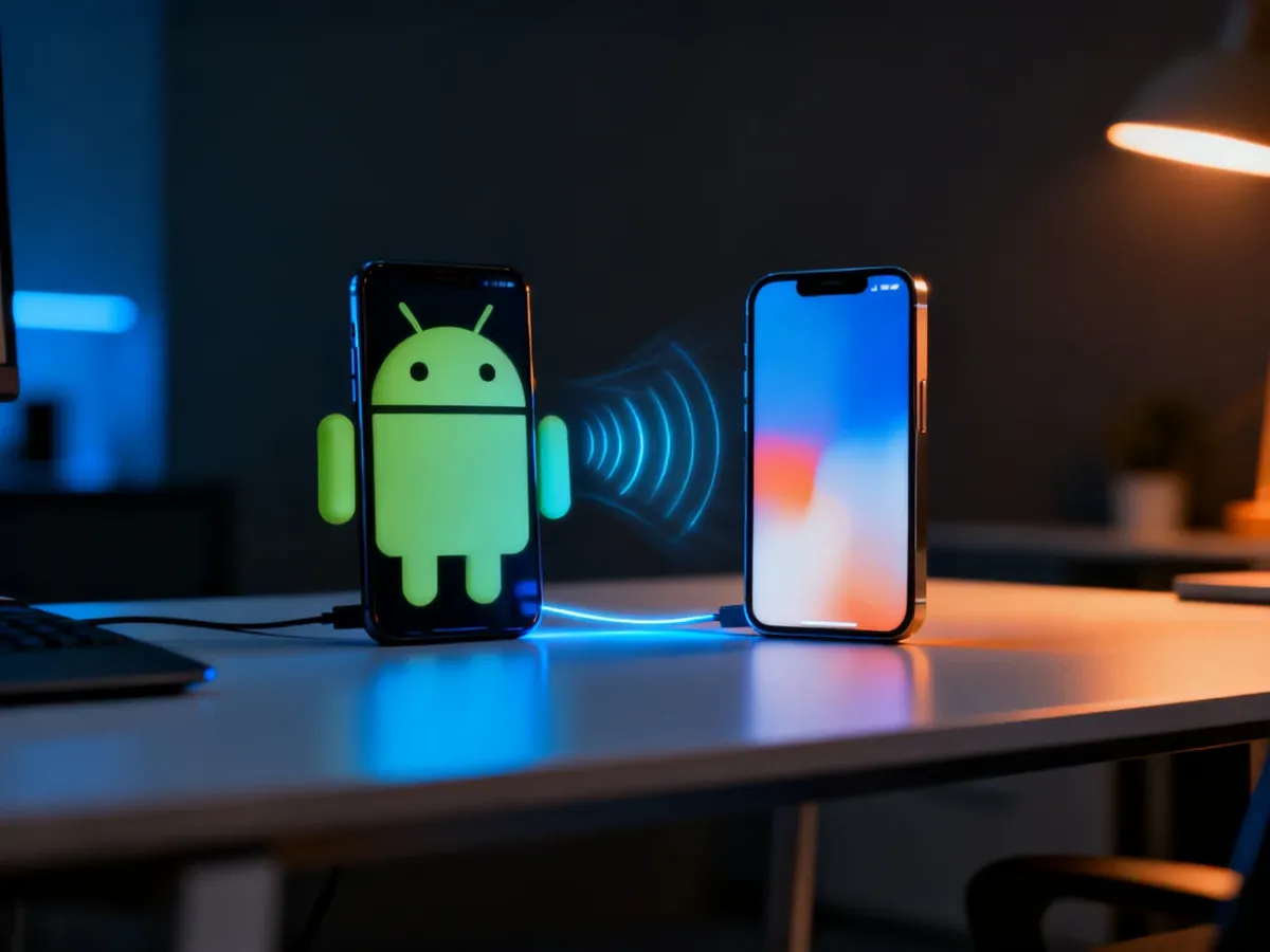 Telefon z Androidem i iPhone podczas przenoszenia danych między systemami