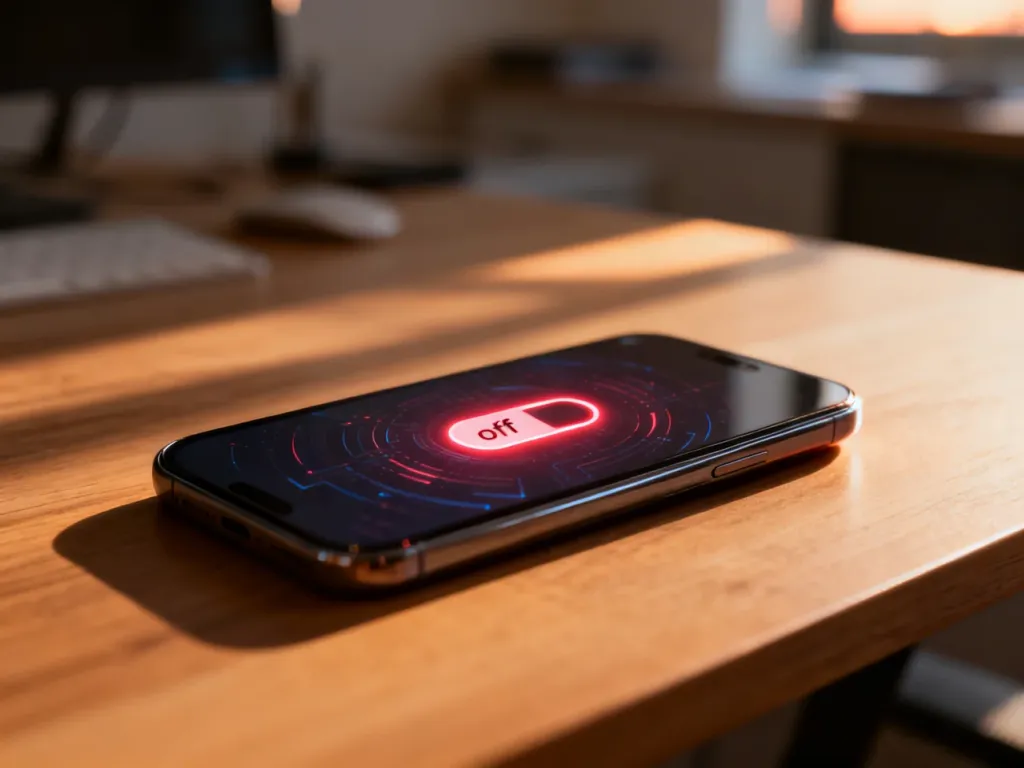 Smartfon leżący na biurku z widocznym na ekranie podświetlonym przyciskiem wyłączania, symbolizującym dezaktywację Meta AI.