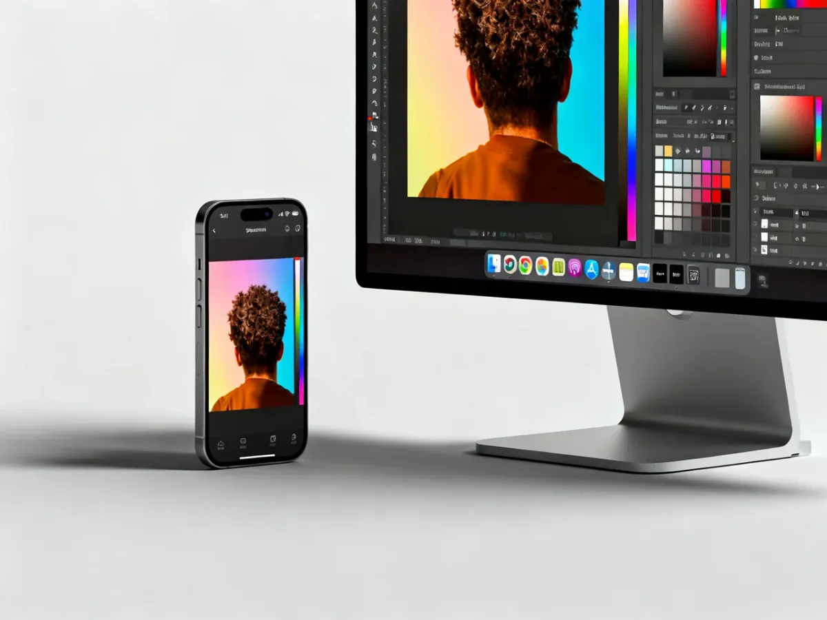Smartfon obok monitora podczas pracy z kolorami