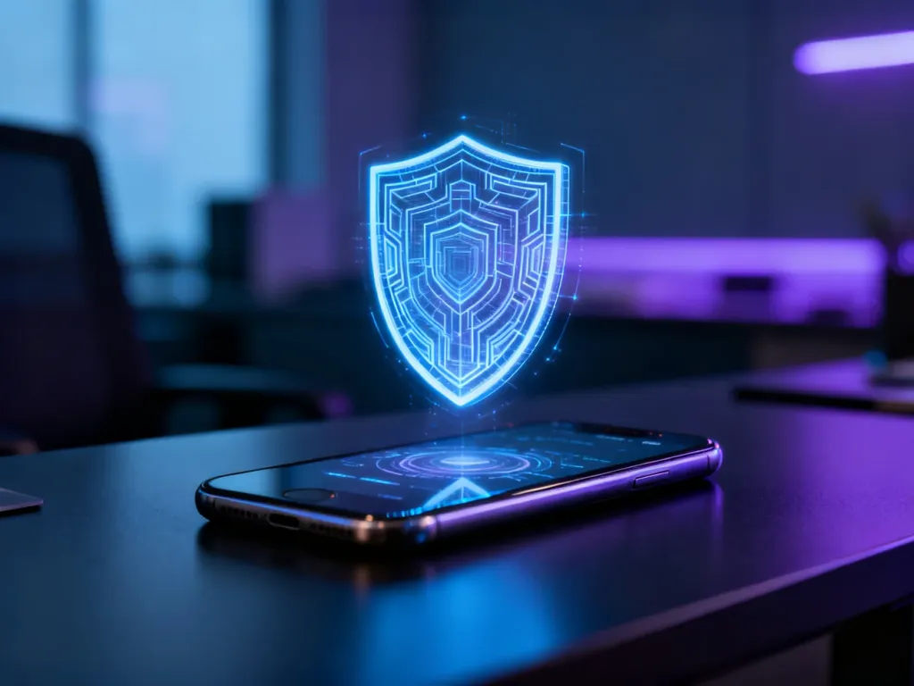 Smartfon na biurku z hologramem tarczy symbolizującym ochronę prywatności i cyfrowe bezpieczeństwo danych.