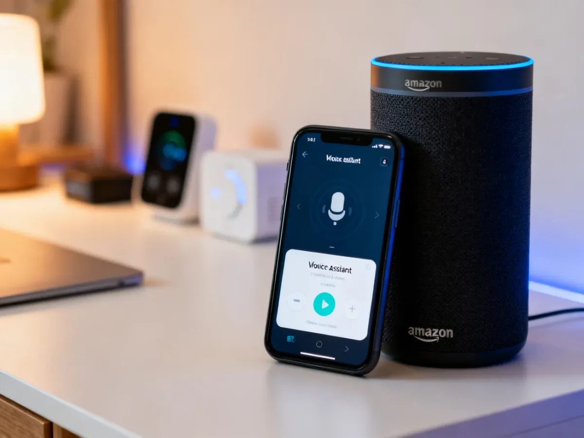 Telefon z aplikacją Alexa obok głośnika Echo