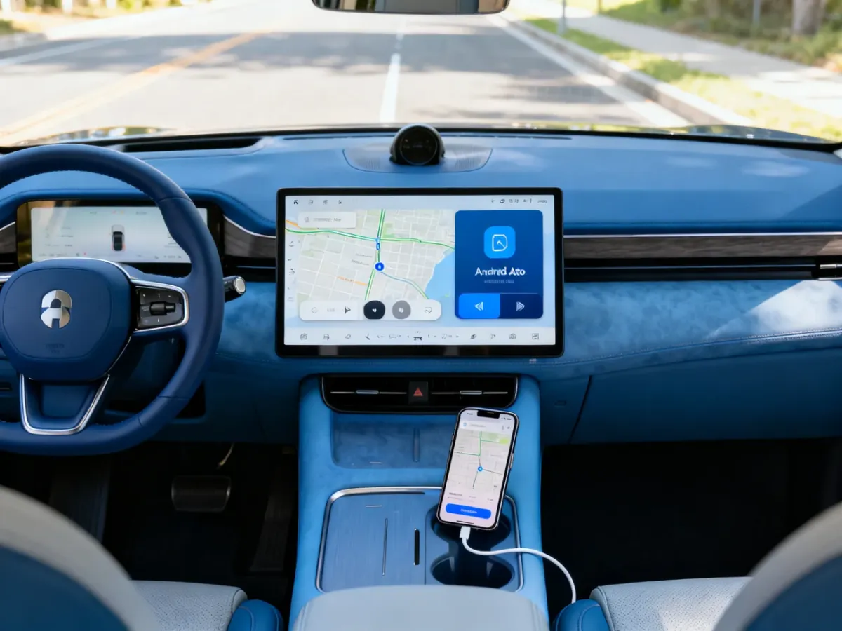 Ekran samochodu z Android Auto i podłączonym smartfonem podczas jazdy