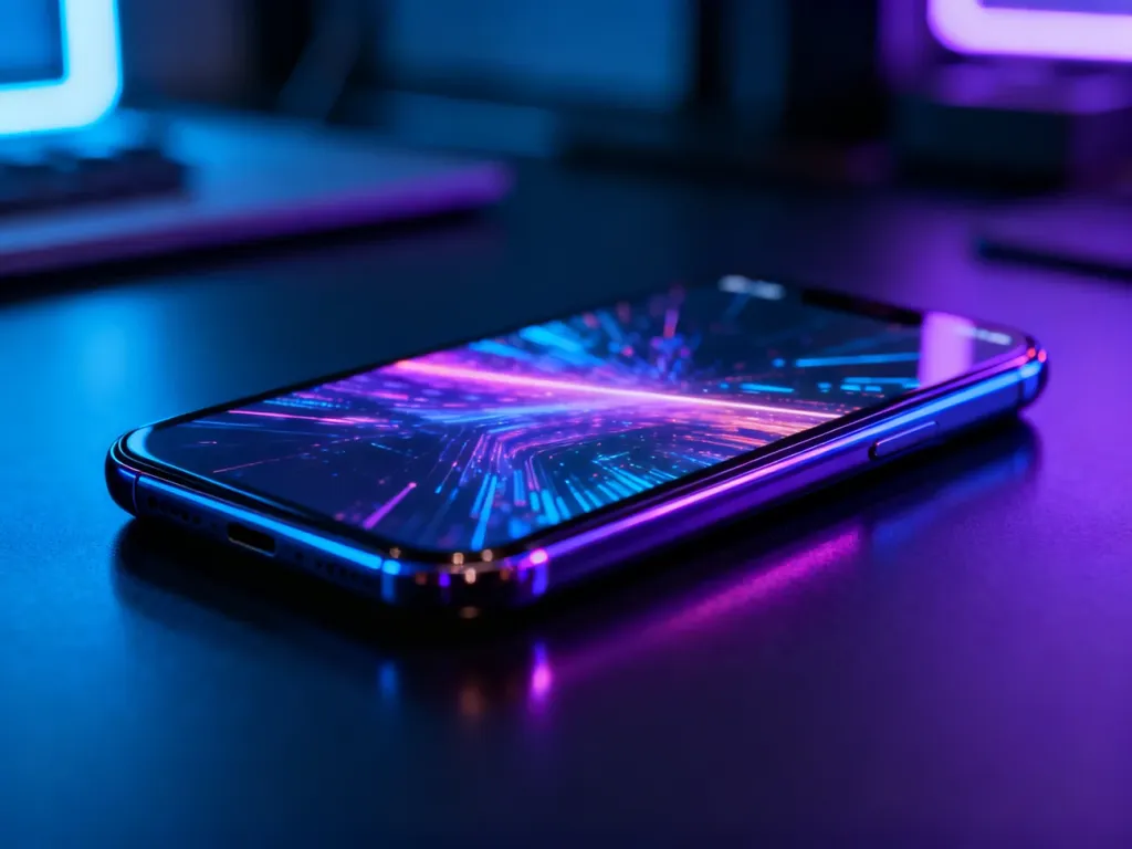 Nowoczesny smartfon z podświetlonym ekranem, prezentujący przekątną wyświetlacza w minimalistycznym otoczeniu.