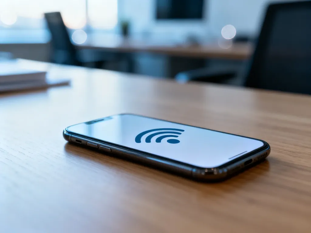 Nowoczesny smartfon na biurku z wyraźnie widoczną ikoną zasięgu sieci komórkowej.