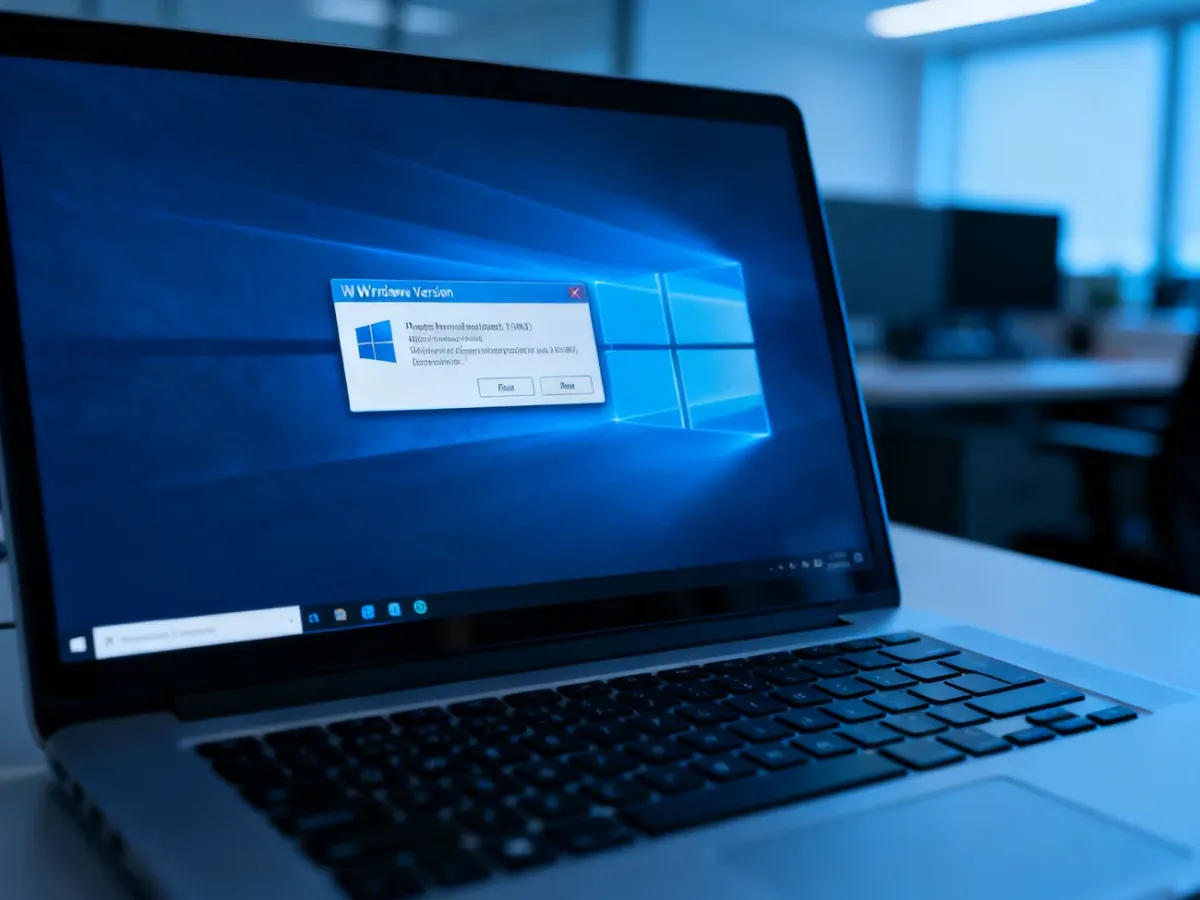 Laptop displaying a Windows version information dialog